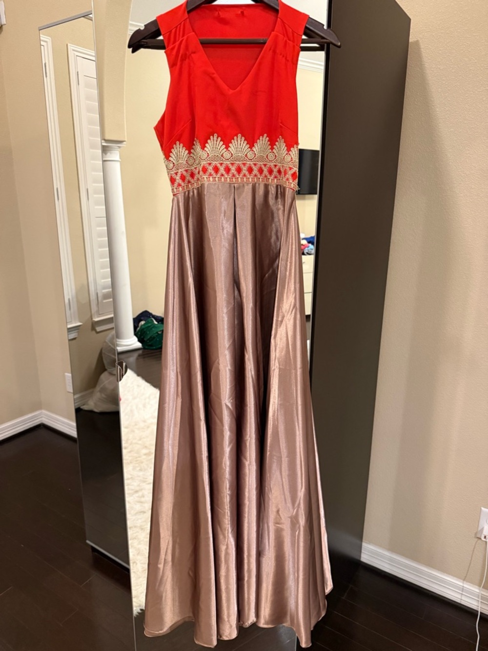 Red and Champagne Embroidered Evening Gown